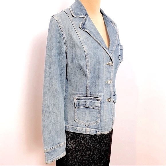 Tailored Blue Denim Jean Jacket Bling Button Embellishments Size S - Picture 6 of 10